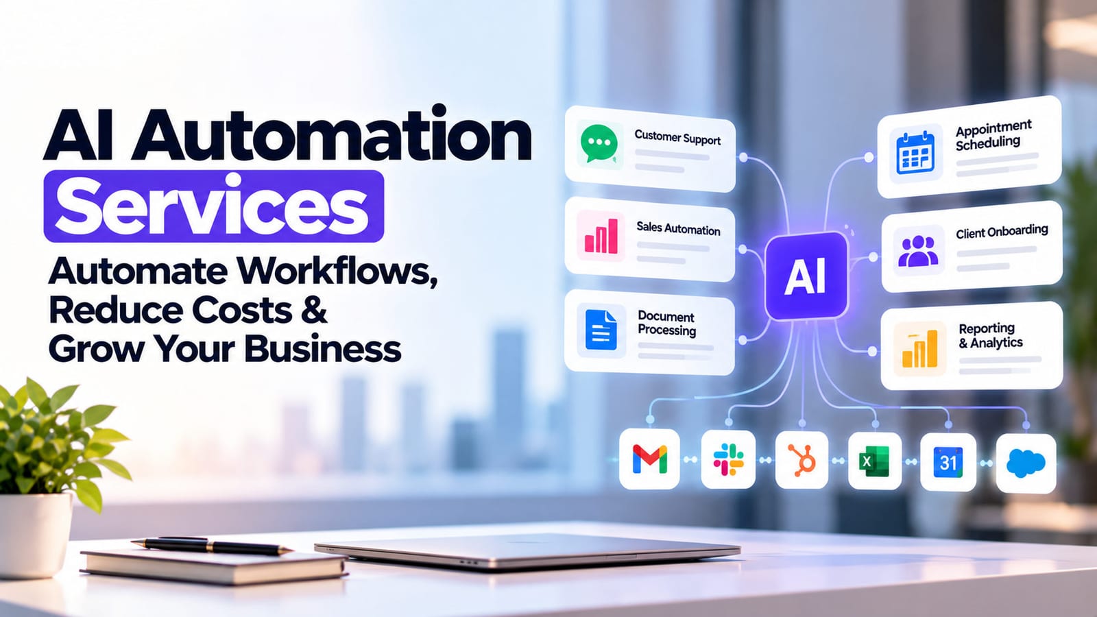 AI automation services connecting business workflows, customer support, sales automation and operational systems.