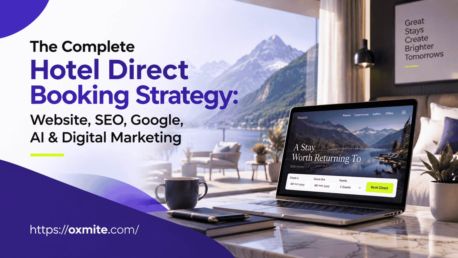 Hotel direct booking strategy showing website, SEO, AI search and digital marketing solutions for hotel revenue growth