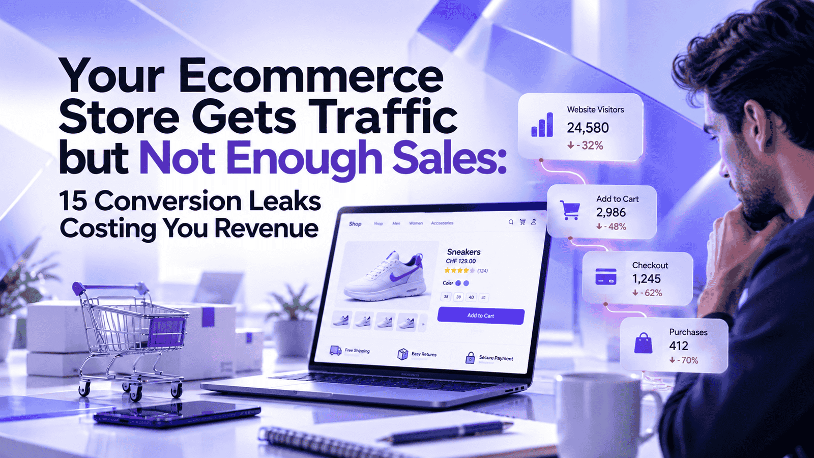 Ecommerce conversion optimization showing revenue leaks across product pages, mobile shopping, cart and checkout