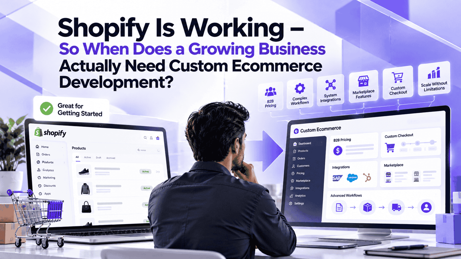 Custom ecommerce development for growing businesses facing Shopify limitations, complex integrations and B2B workflows